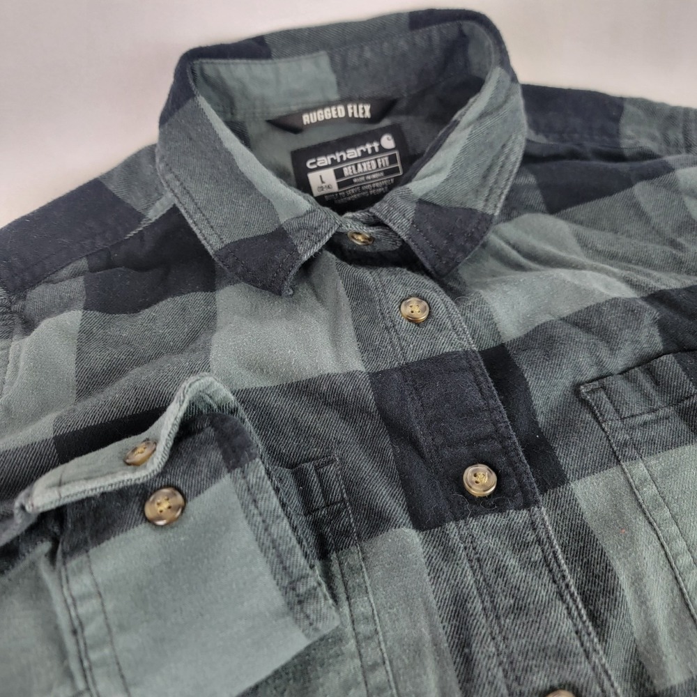 Carhartt Flannel Womens XL Gray Black Plaid Long Shirt Dress Button Up Pockets